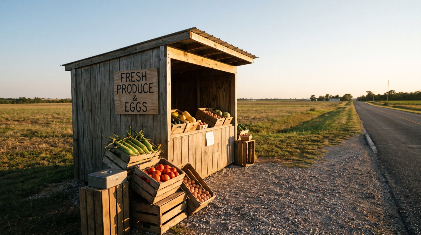 A weathered wooden stand with crates of tomatoes, corn and eggs, and a cash box, beside a gravel pull-off